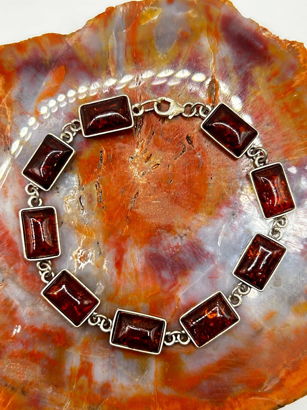 Sterling Silver Red Amber Bracelet - 7.25 inches